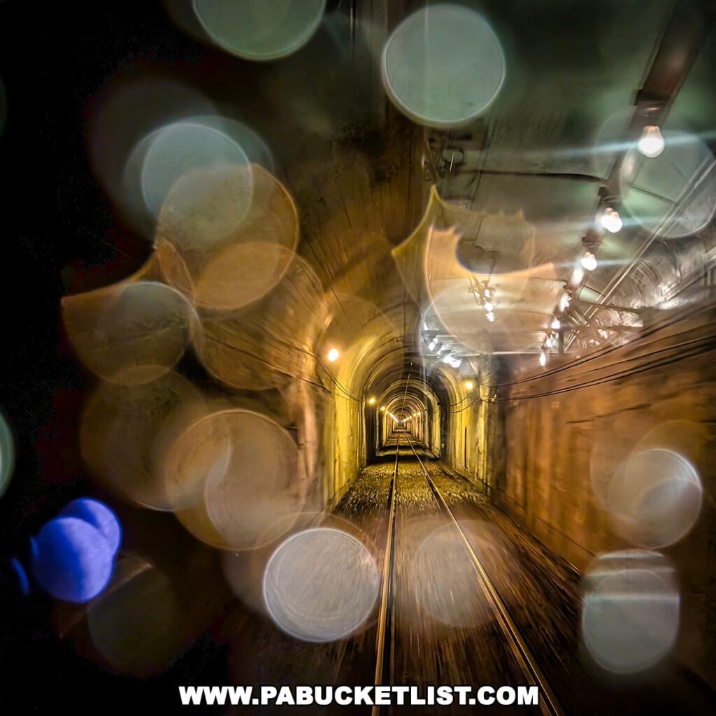 A view looking down the illuminated Laurel Line tunnel on the Electric City Trolley Museum’s 5.5 mile excursion in Lackawanna County, with blurred reflections creating a glowing, dreamlike effect around the tracks and tunnel walls.