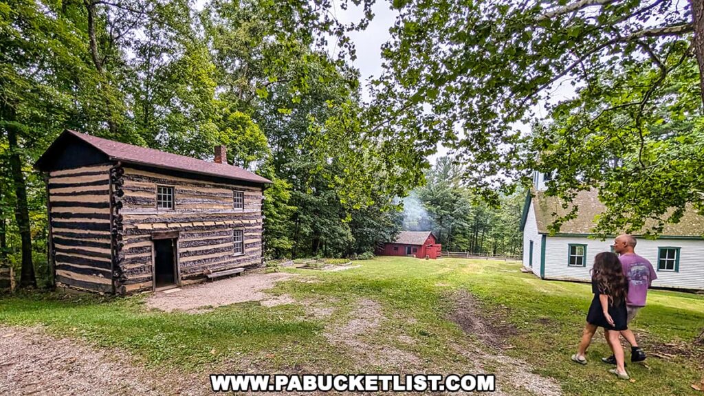 Visitors walking past historic log and frame buildings at the 19th-century rural village in Meadowcroft Rockshelter and Historic Village, Washington County.