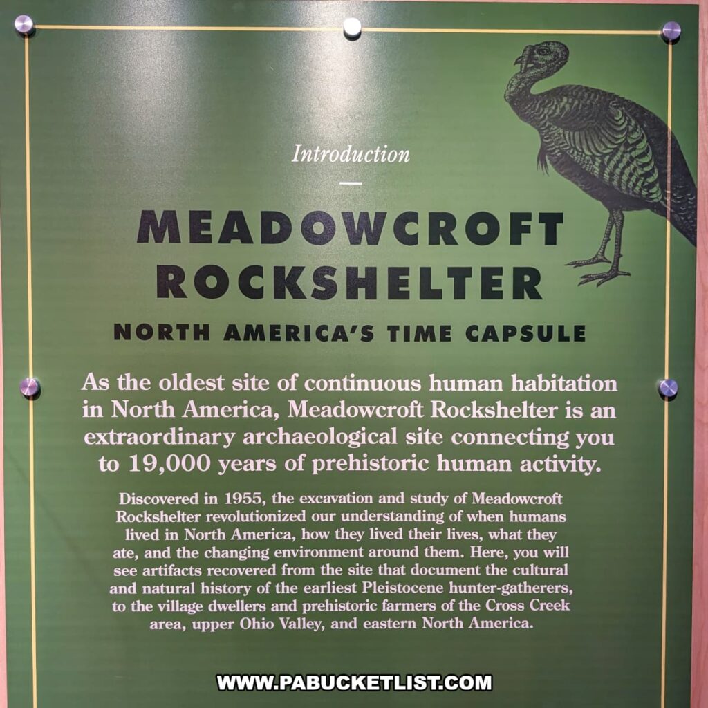 Exhibit panel at Meadowcroft Rockshelter in Washington County, PA, titled “North America’s Time Capsule,” describing the site as the oldest place of continuous human habitation on the continent, with evidence of 19,000 years of prehistoric human activity and artifacts that illuminate the lives of early hunter-gatherers and farmers.
