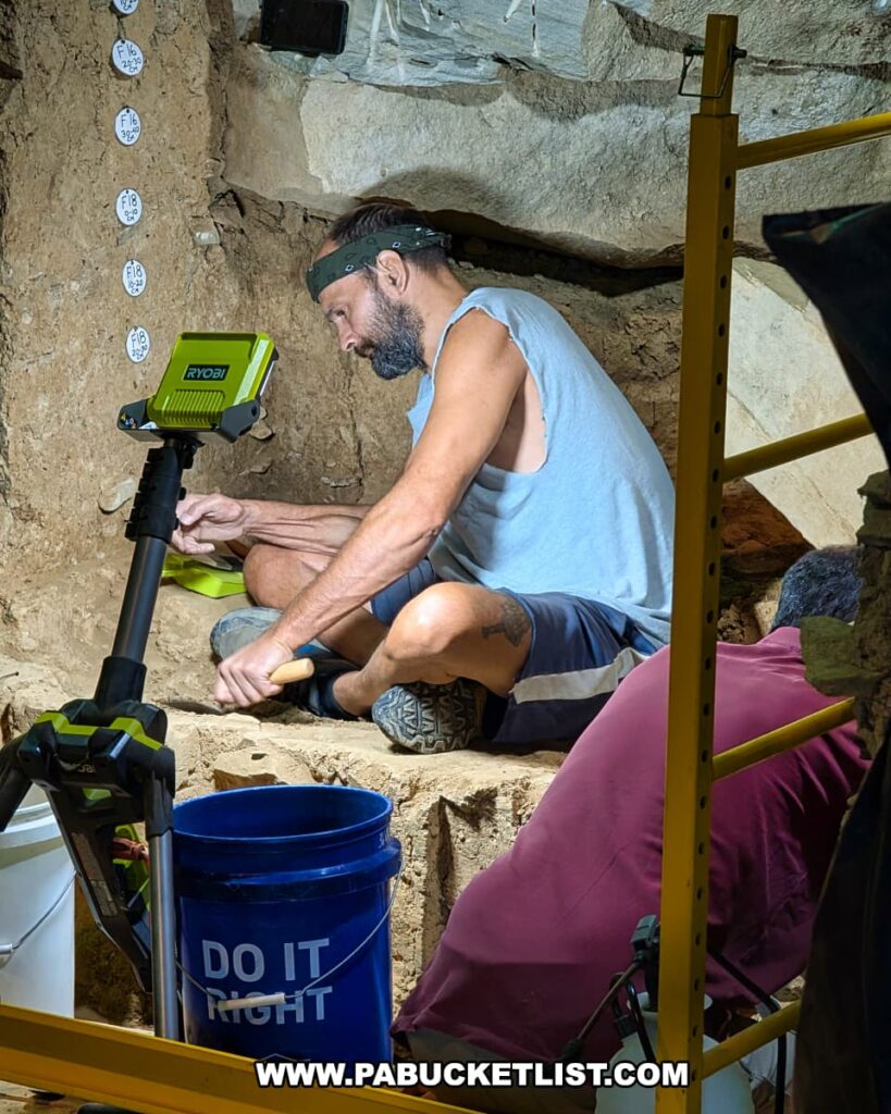 Archaeologist carefully excavating inside Meadowcroft Rockshelter in Washington County, PA, using hand tools and working by bright task lighting to uncover layers of prehistoric human activity.