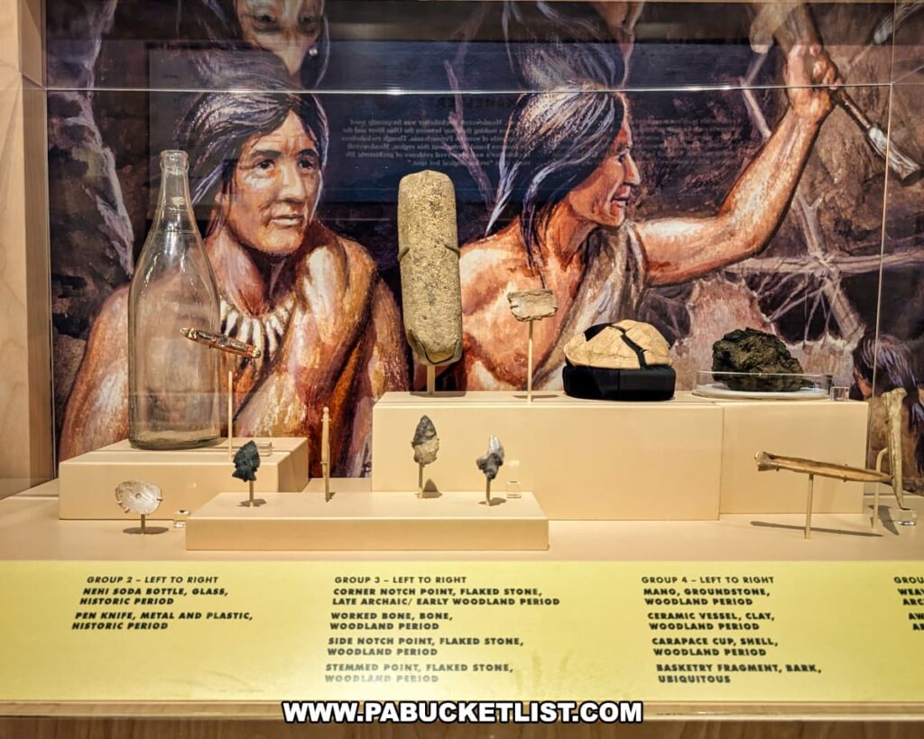 Display case at Meadowcroft Rockshelter and Historic Village in Washington County, PA, showcasing prehistoric artifacts including stone tools, bone and shell items, pottery fragments, and basketry, set against a mural depicting Native people using the rockshelter.