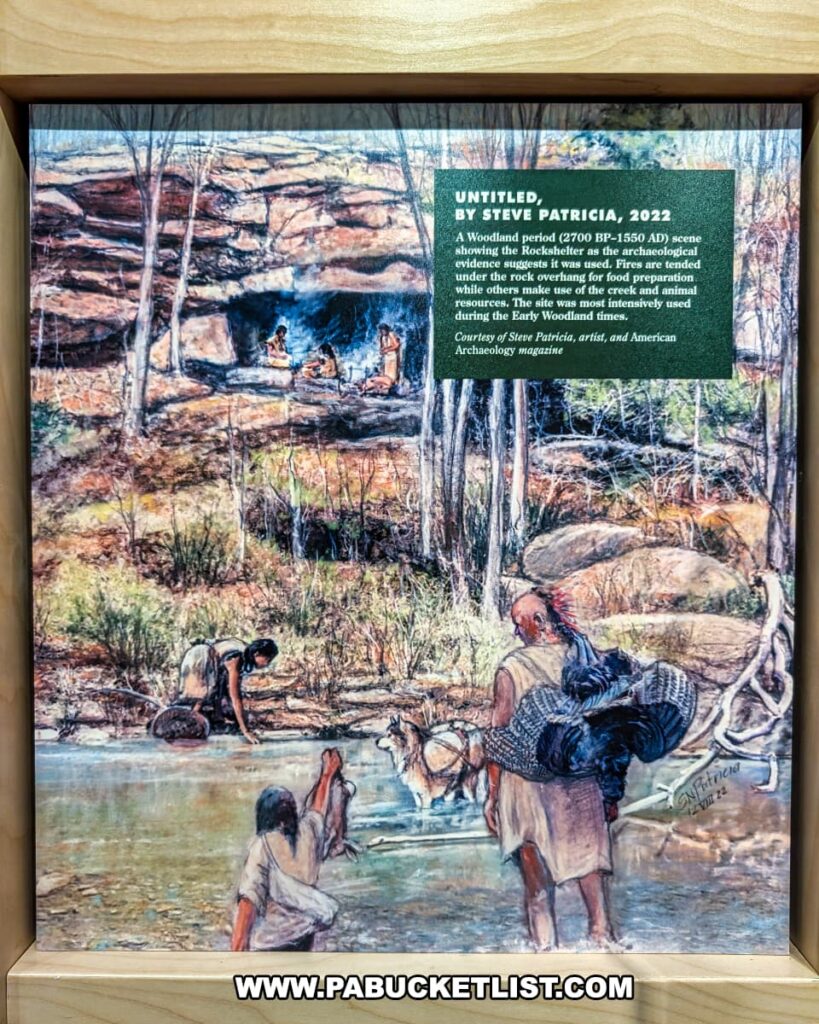 Artwork at Meadowcroft Rockshelter and Historic Village in Washington County, PA, depicting a Woodland period scene of Native people using the rock overhang for shelter, with fires for cooking, gathering water from a creek, and carrying supplies with the help of dogs.
