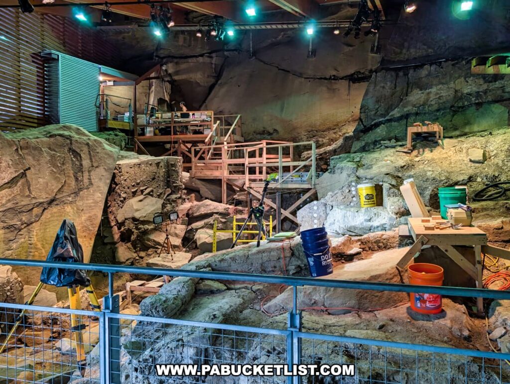 View of the excavation area inside Meadowcroft Rockshelter in Washington County, PA, showing wooden scaffolding, tools, and equipment set up beneath the massive rock overhang where archaeologists study layers of prehistoric human habitation.