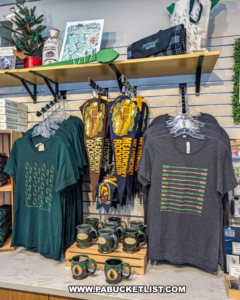 Gift shop display at Meadowcroft Rockshelter and Historic Village in Washington County, PA, featuring branded t-shirts, pennants, ceramic mugs, tote bags, and other souvenirs for visitors.
