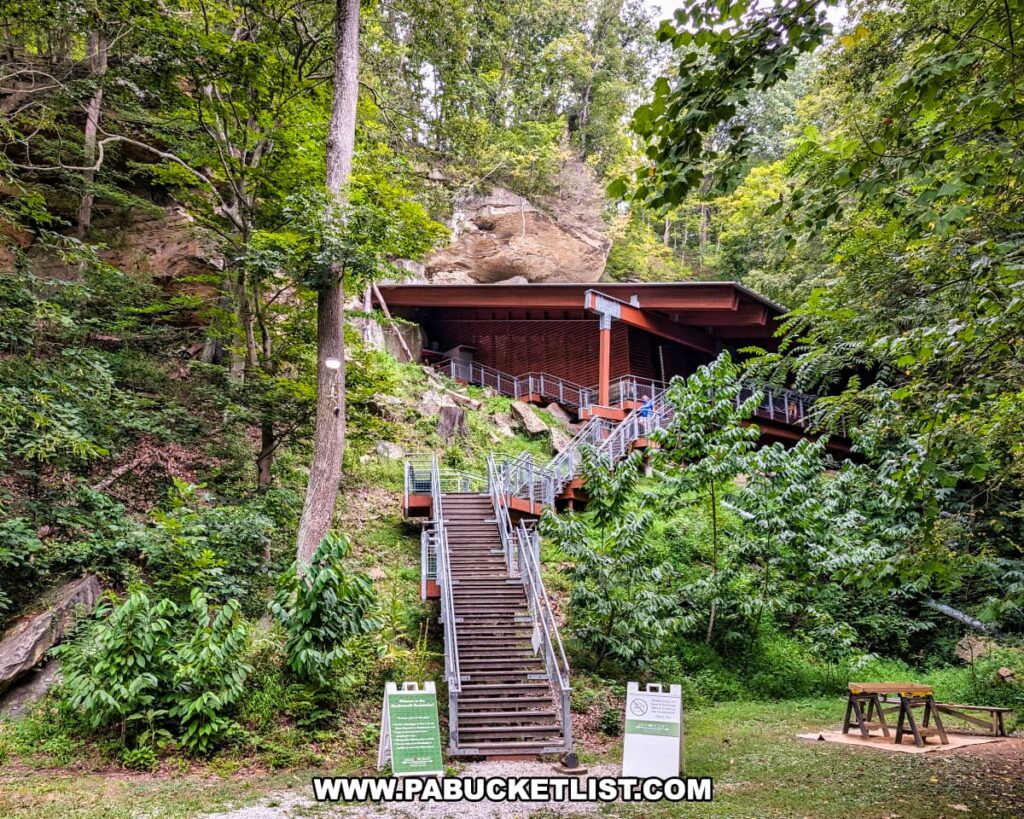 View of the entrance to Meadowcroft Rockshelter in Washington County, PA, showing a long staircase leading up through the trees to the protective structure built over the ancient archaeological excavation site.