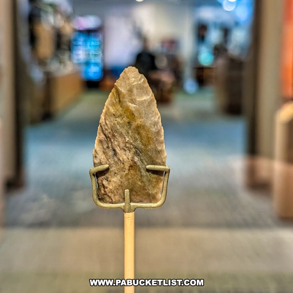Close-up of the Miller Point, an ancient stone spear point discovered at Meadowcroft Rockshelter in Washington County, PA, displayed on a museum stand with the visitor center softly blurred in the background.