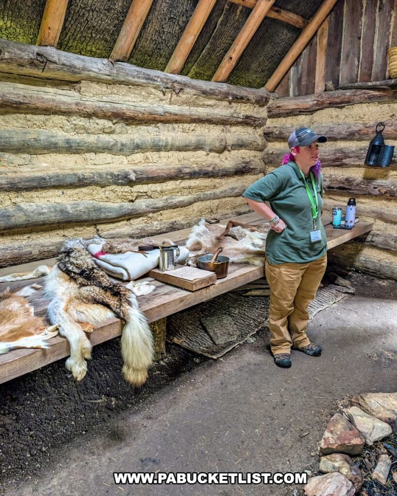 Interpreter standing inside a reconstructed log trading post at Meadowcroft Rockshelter and Historic Village in Washington County, PA, with animal pelts, tools, and trade goods displayed on a wooden bench along the wall.