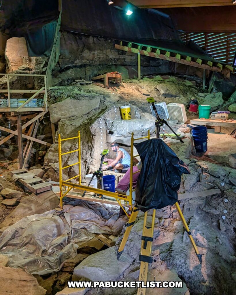 Archaeologist working inside the excavation area at Meadowcroft Rockshelter in Washington County, PA, surrounded by scaffolding, tools, and layered rock formations beneath the protective shelter covering.