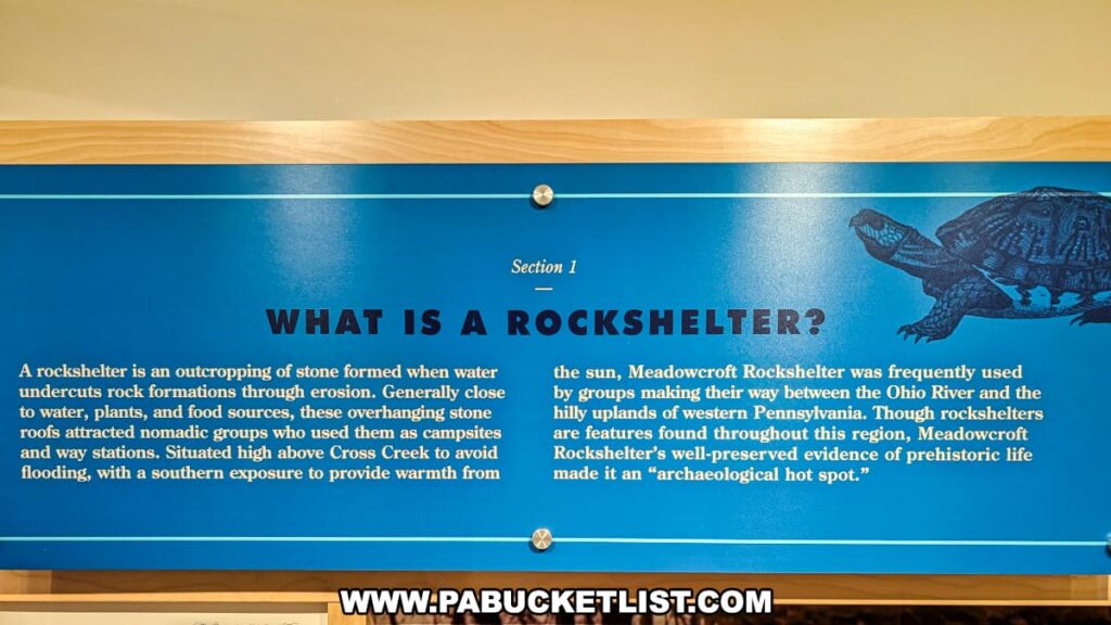 Exhibit panel at Meadowcroft Rockshelter and Historic Village in Washington County, PA, titled “What is a Rockshelter?” explaining how overhanging stone formations created by erosion served as prehistoric campsites and way stations, with Meadowcroft highlighted as a well-preserved archaeological site in western Pennsylvania.