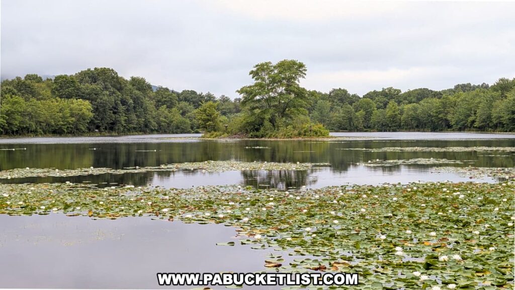 Summer view of Lake Frances at Nescopeck State Park in Luzerne County with lily pads covering the calm water and dense green forest in the background.