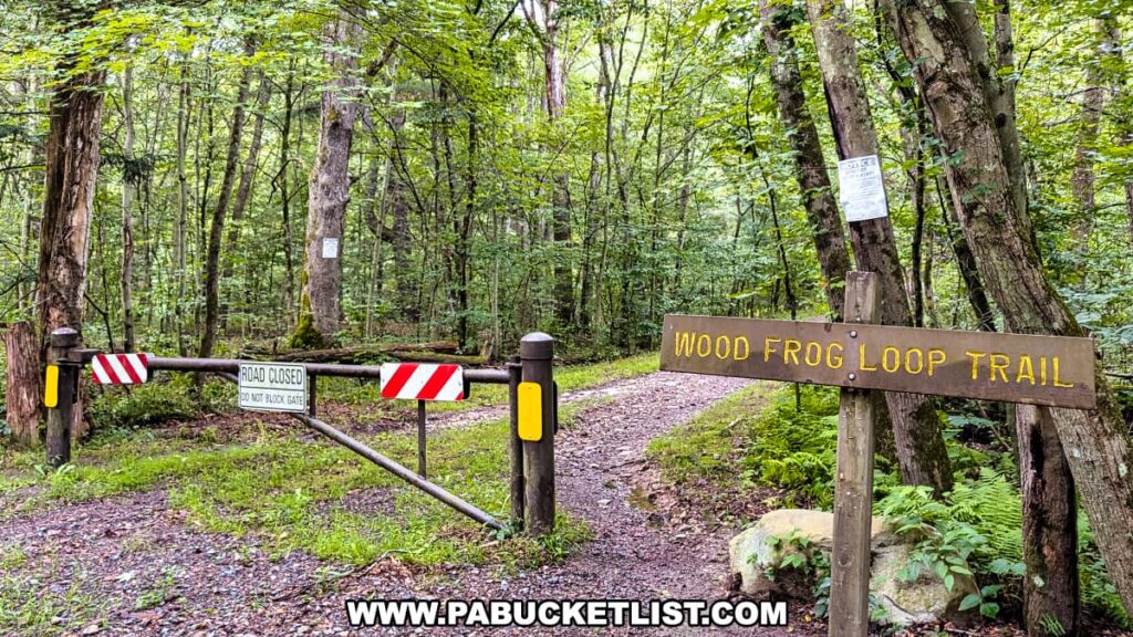 Wood Frog Loop Trailhead at Nescopeck State Park in Luzerne County marked by a wooden sign and gate surrounded by lush green forest.