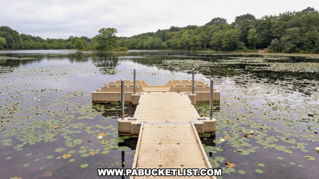 Boat launch at Lake Frances in Nescopeck State Park surrounded by calm water covered in lily pads and lush green forest on a summer day.