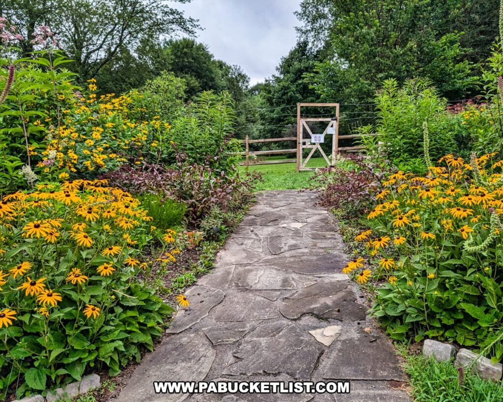 Stone path leading through the vibrant pollinator garden at Nescopeck State Park in Luzerne County, surrounded by blooming yellow and purple flowers.