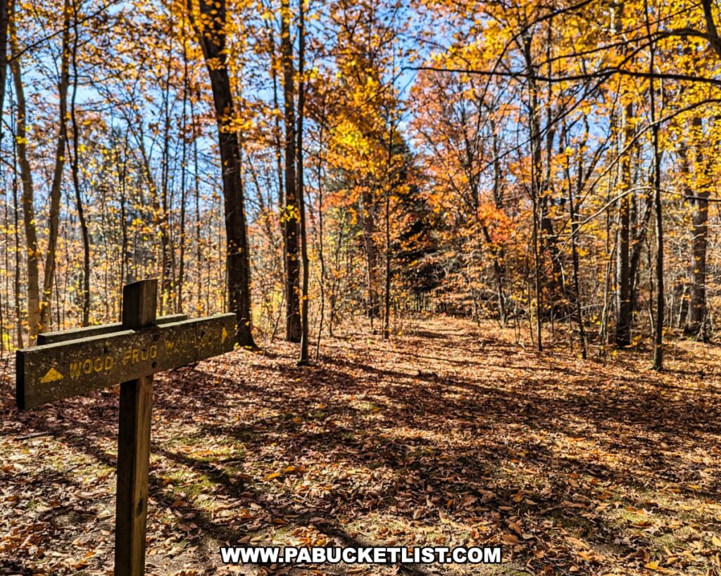 Wood Frog Loop Trail at Nescopeck State Park in Luzerne County covered in colorful autumn leaves with a wooden trail sign in the foreground.