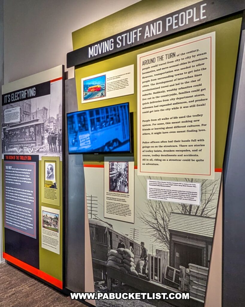 Exhibit panels at the Pennsylvania Trolley Museum in Washington County, Pennsylvania, featuring historical photos, text, and a video display that explain the role of trolleys in moving people and goods during the height of the trolley era.