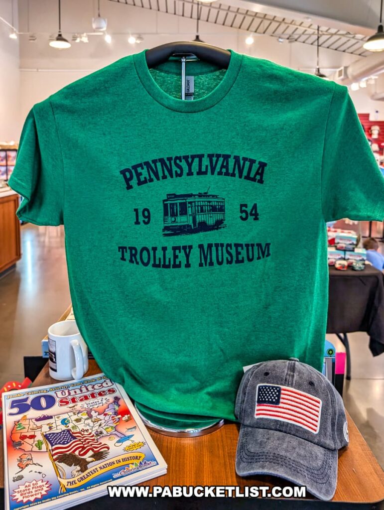 Green souvenir T-shirt featuring a vintage trolley design and the text Pennsylvania Trolley Museum 1954 on display in the gift shop at the Pennsylvania Trolley Museum in Washington County, Pennsylvania, alongside a patriotic cap and other merchandise.