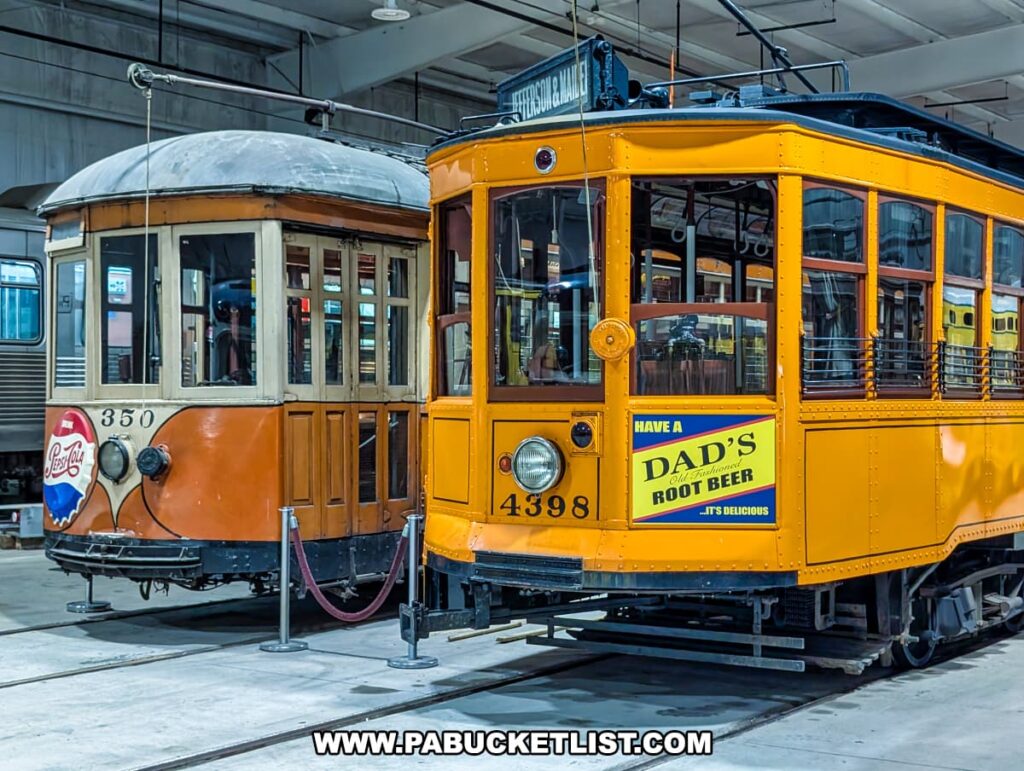 Pair of vintage trolleys on display at the Pennsylvania Trolley Museum in Washington County, Pennsylvania, including an orange trolley with a Dad’s Root Beer advertisement and a brown trolley featuring a classic Pepsi-Cola logo.