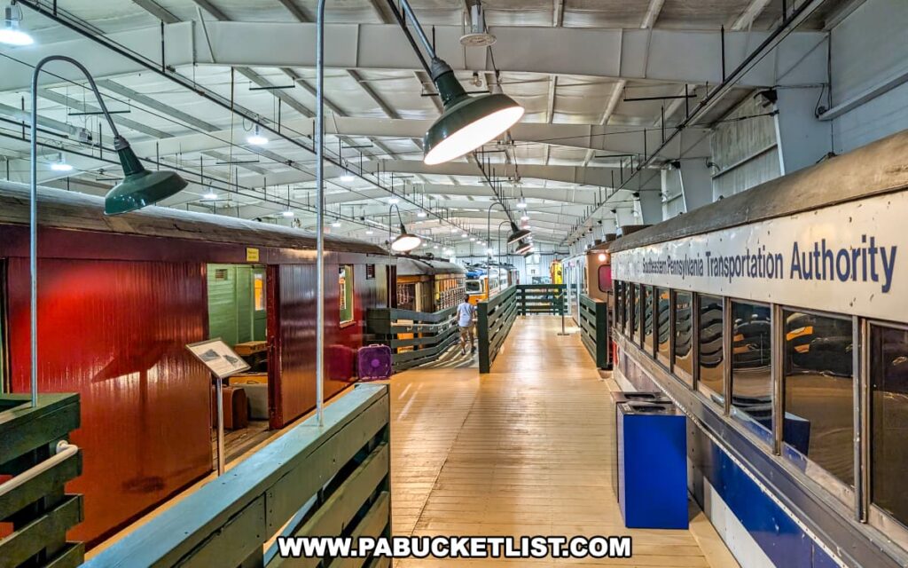 Wooden platform inside the Trolley Display Building at the Pennsylvania Trolley Museum in Washington County, Pennsylvania, with restored vintage trolley cars on both sides, including one marked with Southeastern Pennsylvania Transportation Authority signage.