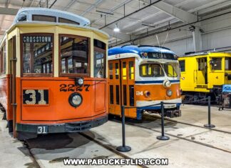 PA’s Best Trolley Museums | A Visitor’s Guide Trio of vintage trolleys on display inside the Trolley Display Building at the Pennsylvania Trolley Museum in Washington County, Pennsylvania, including an orange Crosstown car, a blue and orange Media car, and a yellow maintenance trolley.