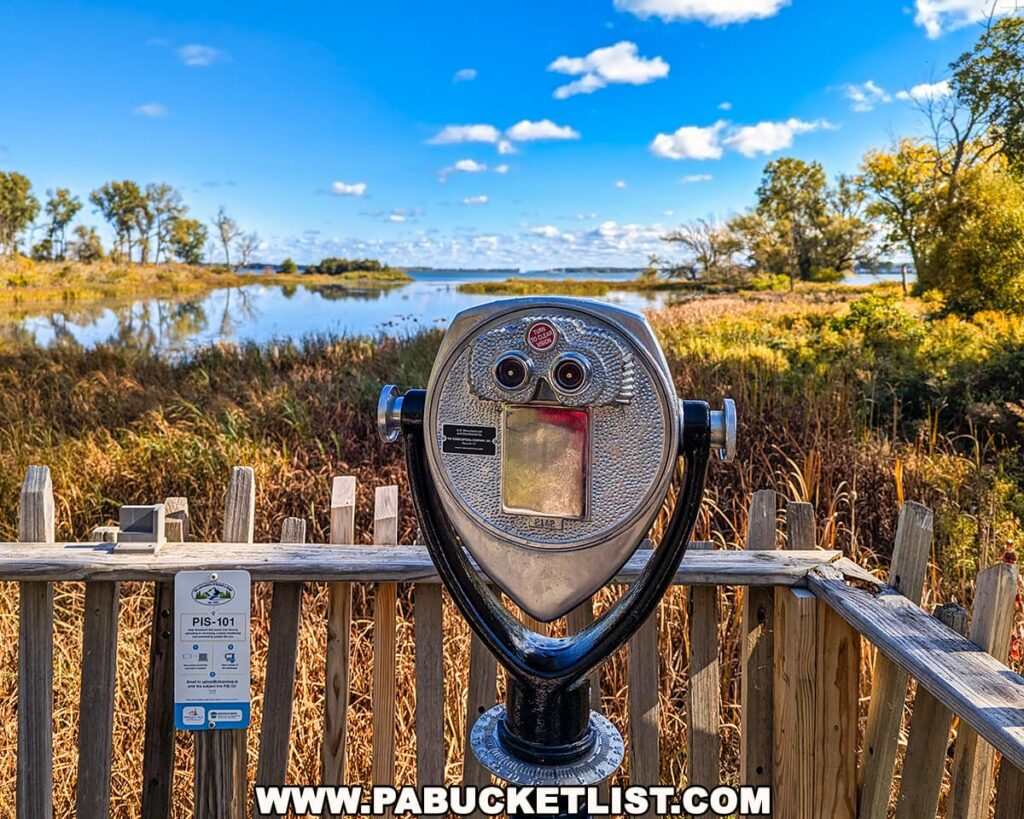 Scenic birdwatching pier at Presque Isle State Park with a coin-operated binocular viewer overlooking marshes and trees glowing with golden autumn foliage under a bright blue sky.