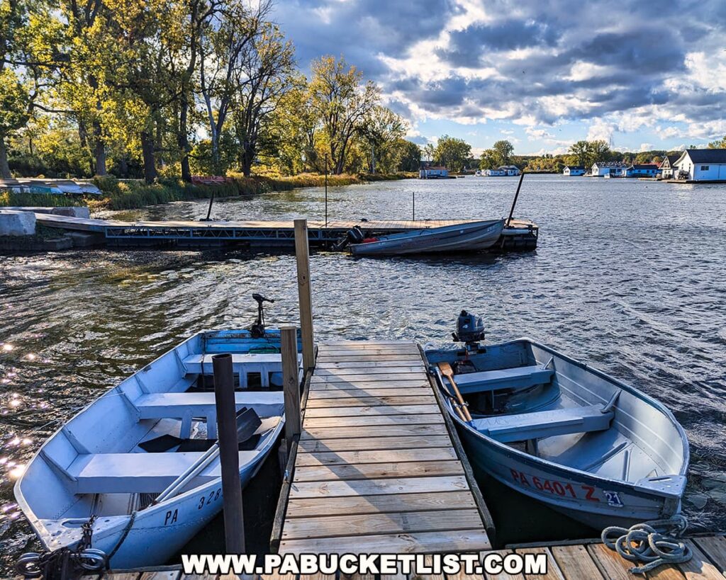 Small fishing boats tied to a wooden dock at Presque Isle State Park with houseboats in the distance and trees glowing with golden fall foliage along the shoreline.