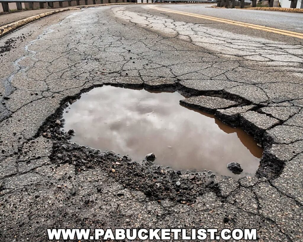 Close-up view of a typical pothole in a cracked and weathered asphalt road, partially filled with muddy rainwater and surrounded by loose gravel and broken pavement.