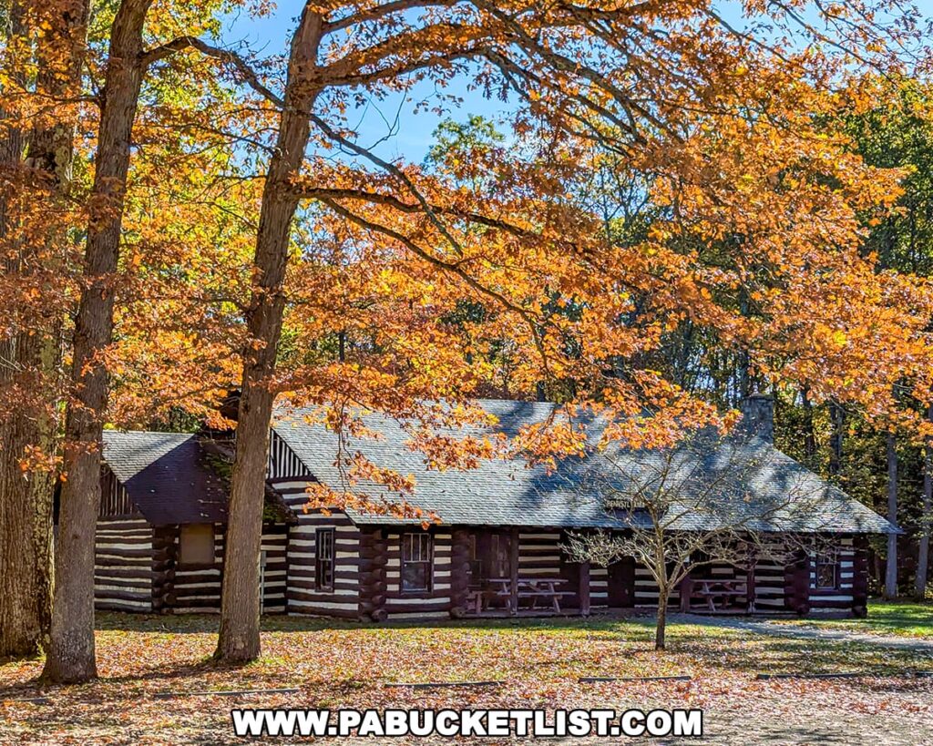 Historic CCC-built log cabin at S.B. Elliott State Park surrounded by brilliant orange and gold autumn leaves under a clear blue sky.