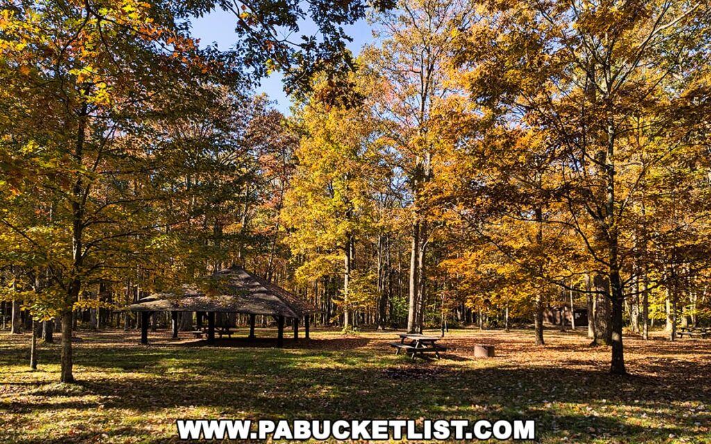 Picnic pavilion and tables surrounded by a forest of trees glowing with golden yellow and orange autumn leaves at S.B. Elliott State Park under a clear blue sky.