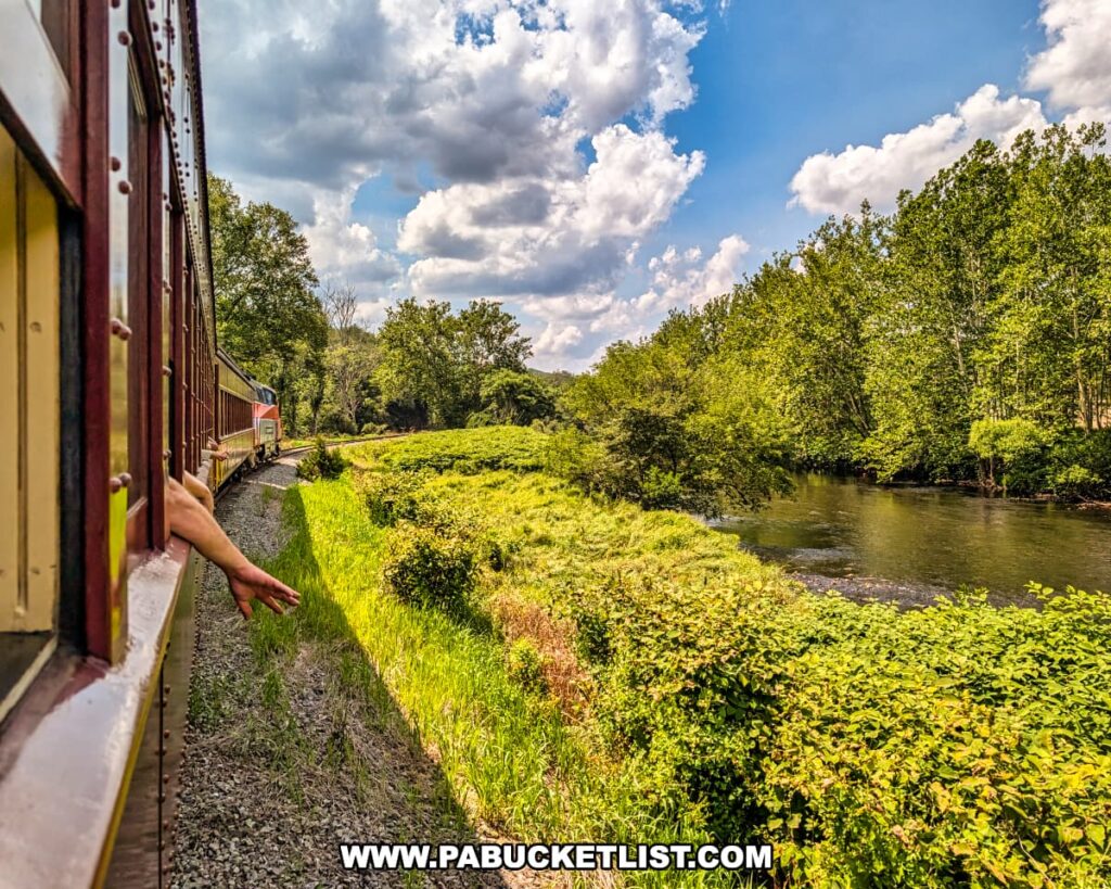 A scenic view from a Stourbridge Line excursion train as it winds along the banks of the Lackawaxen River in Honesdale, Wayne County, Pennsylvania, with a passenger's arm resting out the window and lush greenery under a partly cloudy sky.