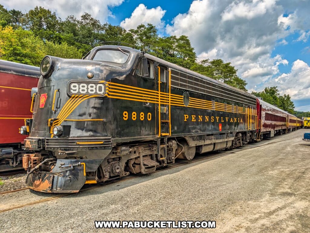A vintage black and yellow Pennsylvania Railroad locomotive numbered 9880 is parked on a siding at the Stourbridge Line in Honesdale, Wayne County, Pennsylvania, coupled to a series of maroon passenger cars under a partly cloudy sky.