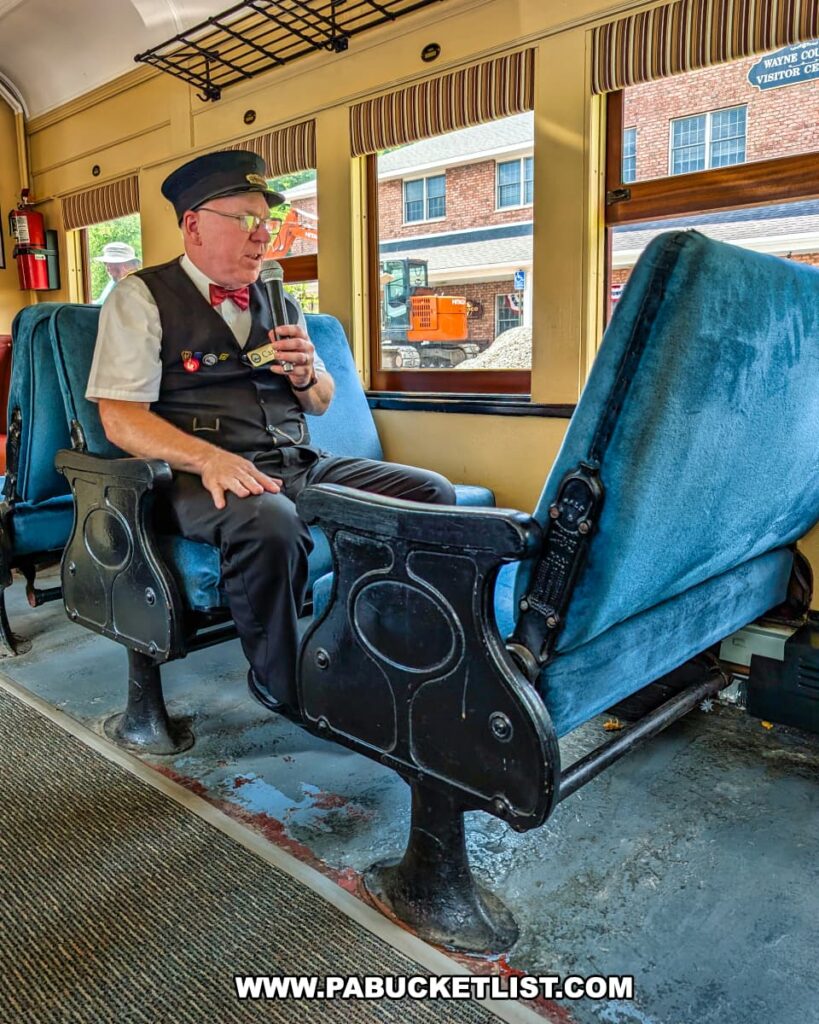 A uniformed conductor narrates the journey with a microphone while seated inside a vintage Stourbridge Line passenger car, featuring blue velvet seats and large windows overlooking the Wayne County Visitor Center in Honesdale, Pennsylvania.