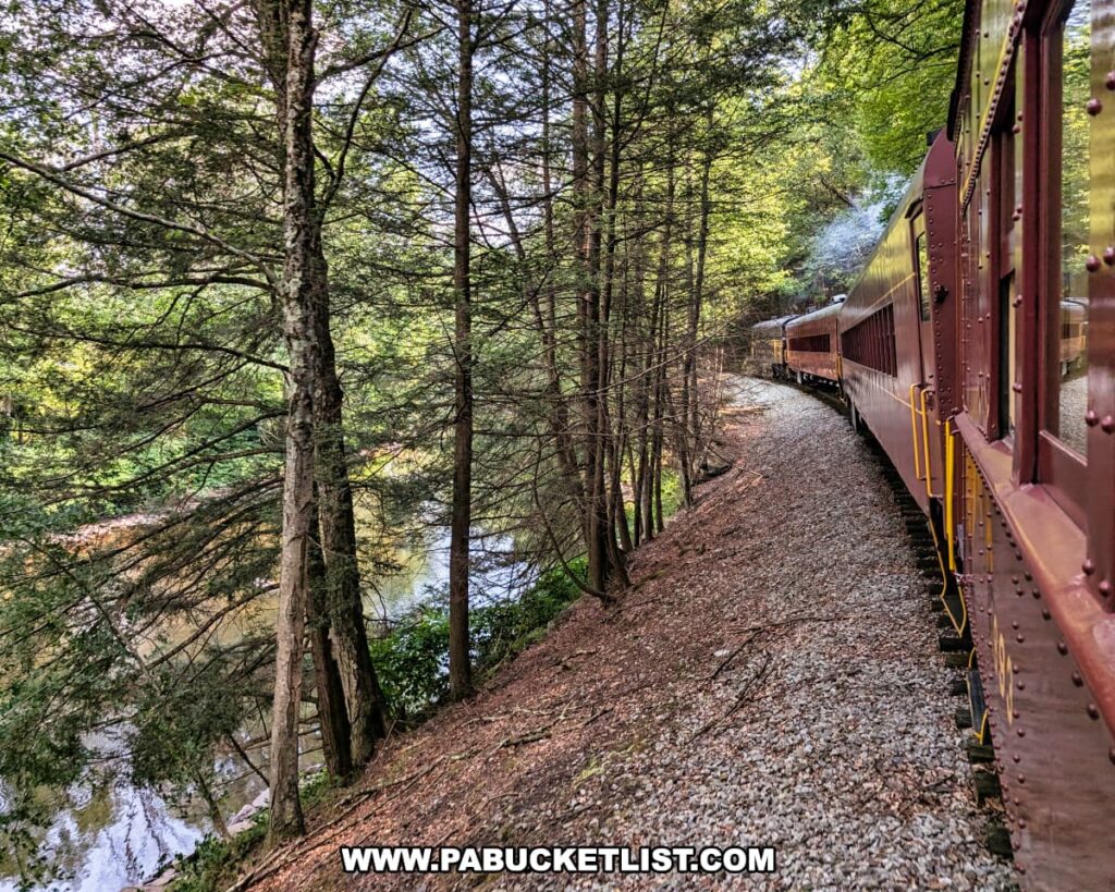 A maroon Stourbridge Line excursion train winds along a tree-lined curve beside a gently flowing river in a forested area near Honesdale, Wayne County, Pennsylvania.