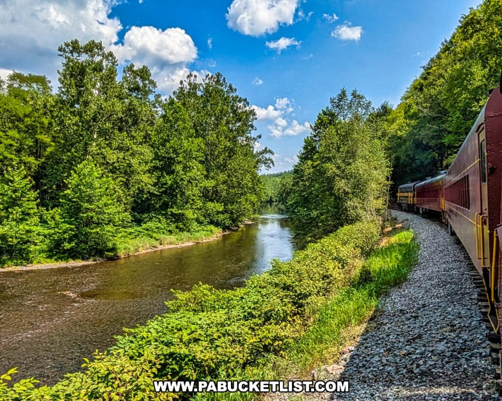 A maroon Stourbridge Line excursion train follows a curved track alongside the scenic Lackawaxen River, surrounded by dense green foliage and under a bright blue sky in Honesdale, Wayne County, Pennsylvania.