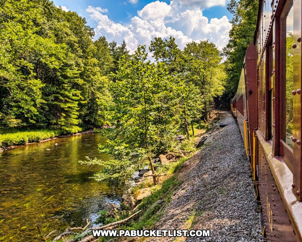 A maroon Stourbridge Line train travels along a forested stretch of track beside the crystal-clear Lackawaxen River on a sunny summer day in Honesdale, Wayne County, Pennsylvania.