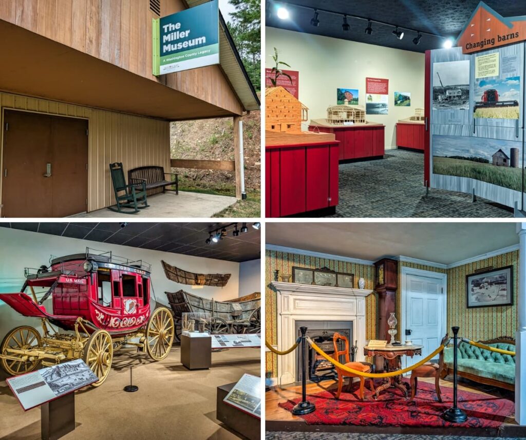 Collage of four photos at Meadowcroft Rockshelter and Historic Village in Washington County, PA, featuring the exterior of the Miller Museum, an exhibit on changing barns with scale models and interpretive panels, a bright red 19th-century stagecoach alongside historic wagons, and a recreated Victorian-era parlor with period furniture, fireplace, and decor.