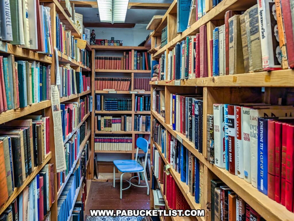 Aisle lined with tall wooden bookshelves filled with vintage and antique books at Wexford General Store Antiques in Allegheny County, PA, with a small blue chair placed at the end of the narrow passageway.