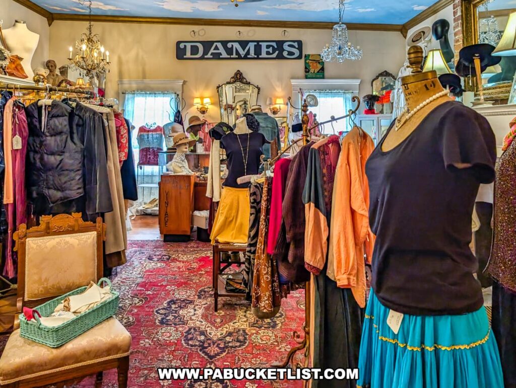 Vintage clothing room at Wexford General Store Antiques in Allegheny County, PA featuring mannequins dressed in period outfits, racks of retro garments, hats, and accessories, with chandeliers and ornate mirrors adding to the boutique-style atmosphere.