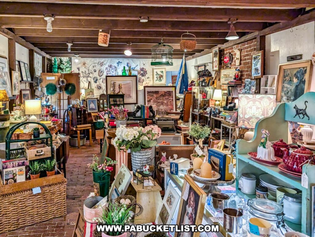Cozy room inside Wexford General Store Antiques in Allegheny County, PA featuring brick flooring, floral wallpaper, and an eclectic mix of vintage home décor, framed art, teapots, books, and decorative plants displayed throughout the space.