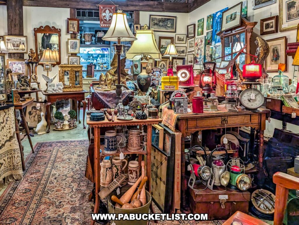 Antique-filled room at Wexford General Store Antiques in Allegheny County, PA featuring vintage lanterns, oil lamps, steins, framed artwork, ornate furniture, and decorative lighting displayed across wooden tables and shelves.
