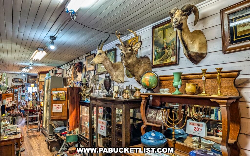 Interior display at Wexford General Store Antiques in Allegheny County, PA featuring mounted deer and ram taxidermy heads above shelves filled with vintage globes, brass candlesticks, framed artwork, glassware, and wooden furniture.