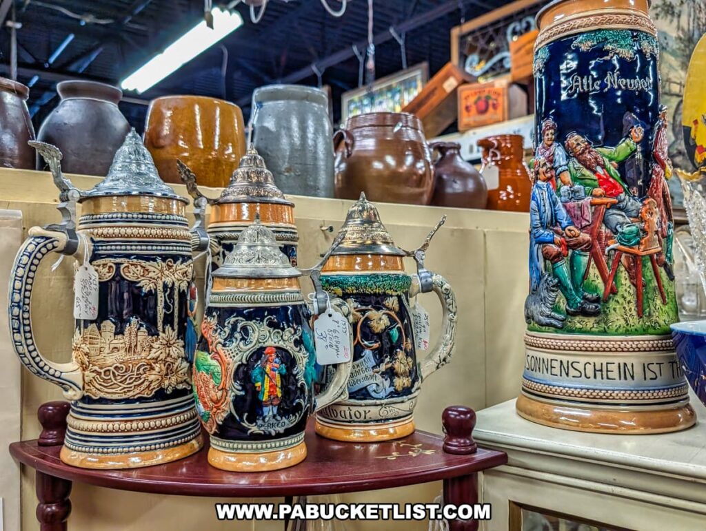 Collection of ornate vintage German beer steins with decorative lids and colorful relief designs on display at the Antique Center of Strabane in Canonsburg, Pennsylvania, surrounded by stoneware crocks and other early 20th century collectibles.