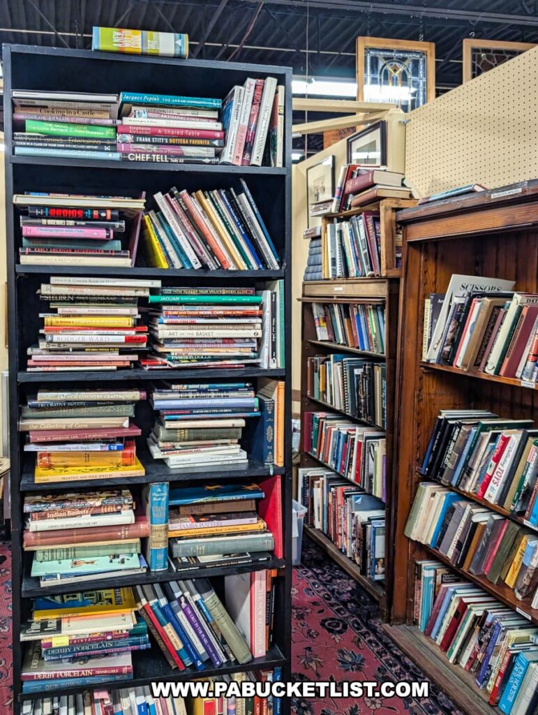 Bookshelves filled with vintage and antique books on a variety of subjects at the Antique Center of Strabane in Canonsburg, Pennsylvania, creating a cozy library-like nook within the multi-vendor antique mall.