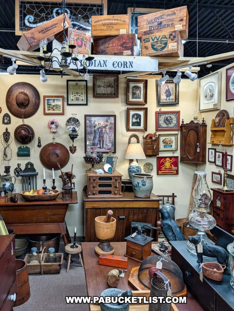 Booth at the Antique Center of Strabane in Canonsburg, Pennsylvania, showcasing 18th through early 20th century antiques including wooden crates, stoneware crocks, oil lamps, framed artwork, kitchen tools, and rustic furniture arranged in a charming, old-fashioned display.