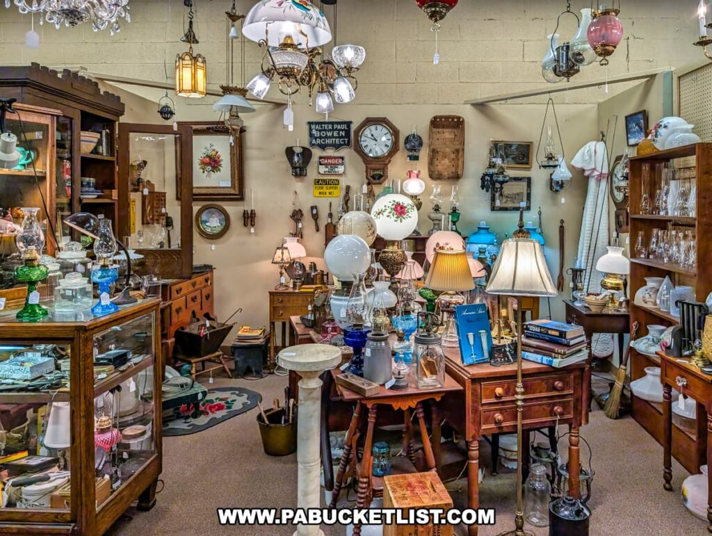 Booth at the Antique Center of Strabane in Canonsburg, Pennsylvania, filled with vintage lighting, oil lamps, chandeliers, glassware, and antique clocks, all displayed among wooden furniture and decorative arts from the 18th through early 20th centuries.