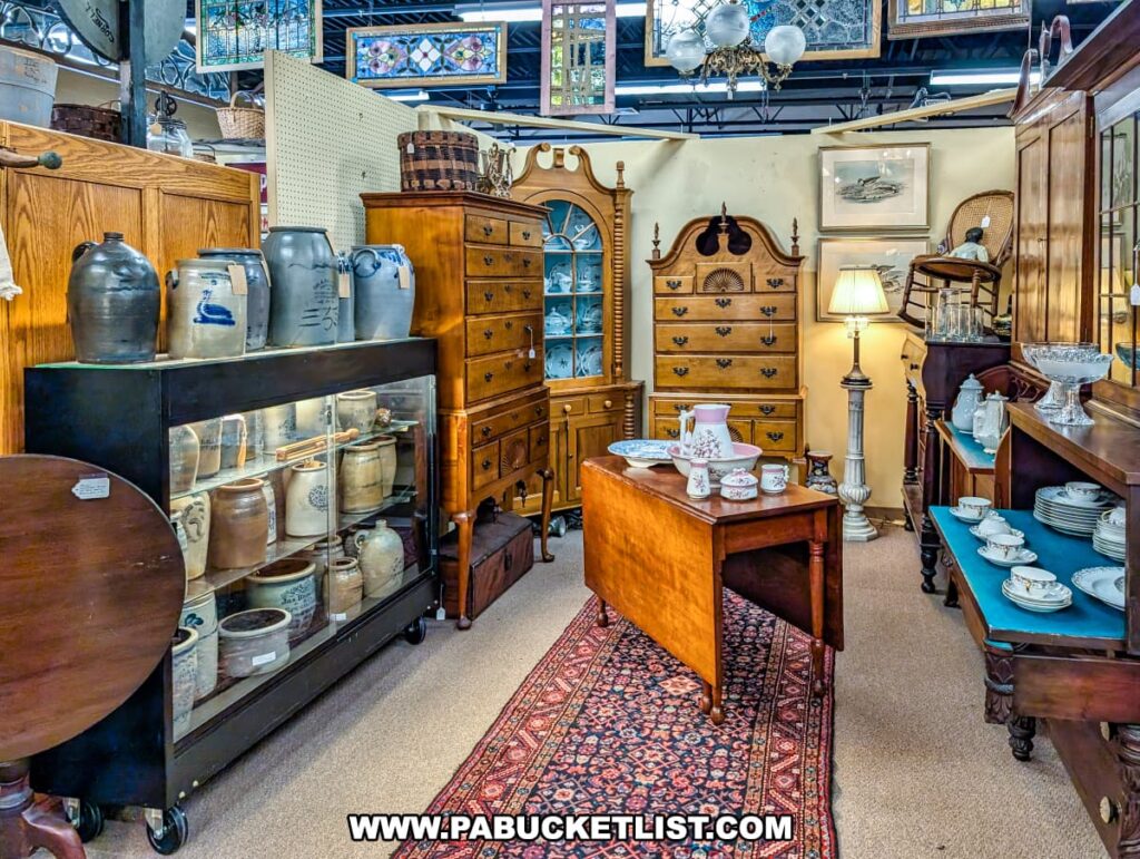 Booth at the Antique Center of Strabane in Canonsburg, Pennsylvania, featuring antique furniture, stoneware crocks, china cabinets, dressers, and fine porcelain dishware arranged neatly with stained glass pieces displayed above.