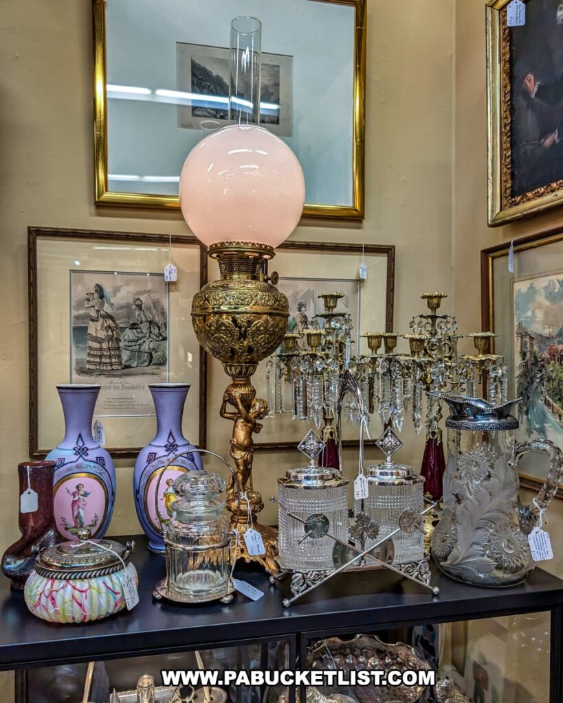 Elegant display at the Antique Center of Strabane in Canonsburg, Pennsylvania, featuring ornate oil lamps, crystal and glass pitchers, hand-painted vases, and silver-plated serving pieces arranged against a backdrop of framed vintage artwork.