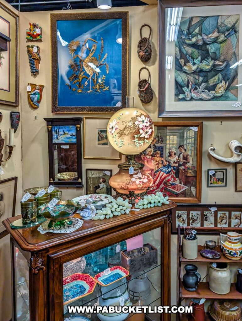 Booth at the Antique Center of Strabane in Canonsburg, Pennsylvania, featuring framed vintage artwork, an ornate floral glass lamp, decorative glassware, pottery, and collectible pieces displayed on and inside a wooden display cabinet.