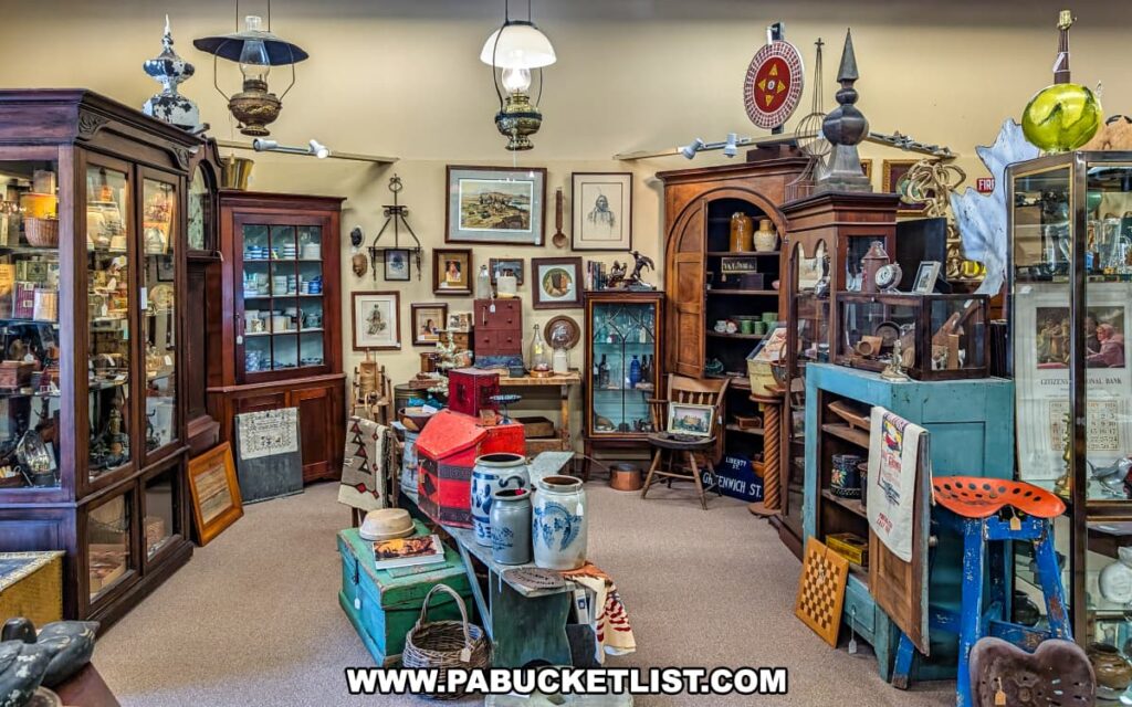 Booth at the Antique Center of Strabane in Canonsburg, Pennsylvania, showcasing antique furniture, pottery crocks, trunks, framed artwork, lamps, and decorative collectibles from the 18th through early 20th centuries.