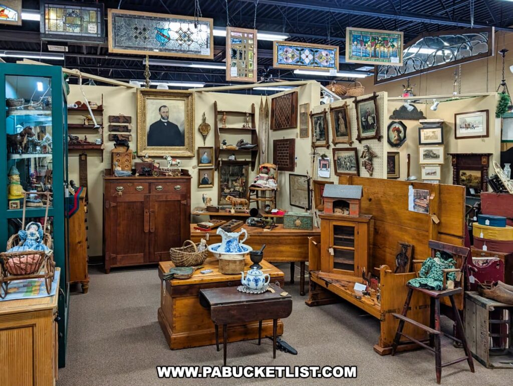 Booth at the Antique Center of Strabane in Canonsburg, Pennsylvania, showcasing antique furniture, framed portraits, folk art, wooden chests, blue and white pottery, and decorative wall hangings from the 18th through early 20th centuries, with stained glass panels displayed overhead.