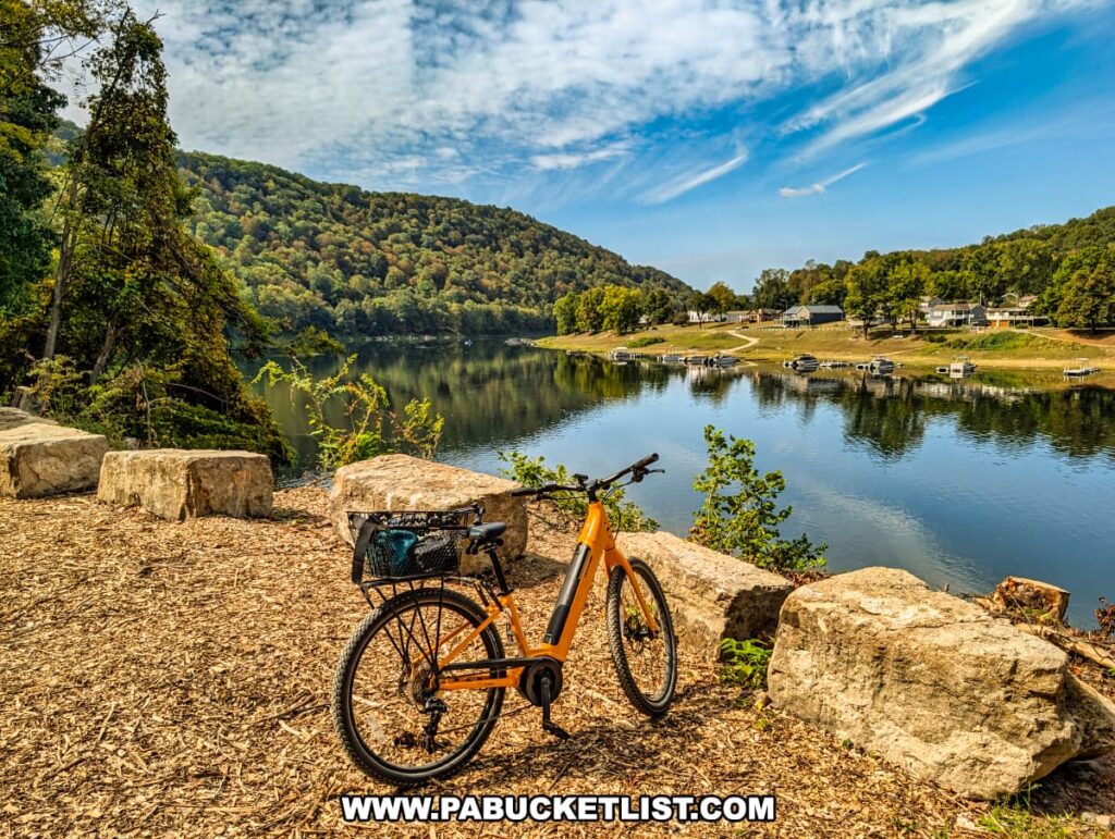 Yellow bicycle parked beside large stone blocks along the Armstrong Trail in western Pennsylvania, overlooking the calm waters of the Allegheny River with forested hills on one side and a small riverside community with docks and boats on the opposite shore under a bright blue sky.